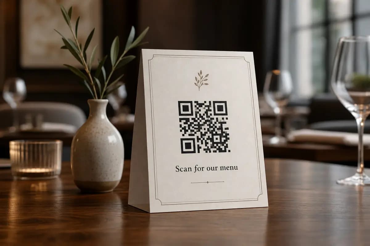 Branded menu QR on a restaurant table tent