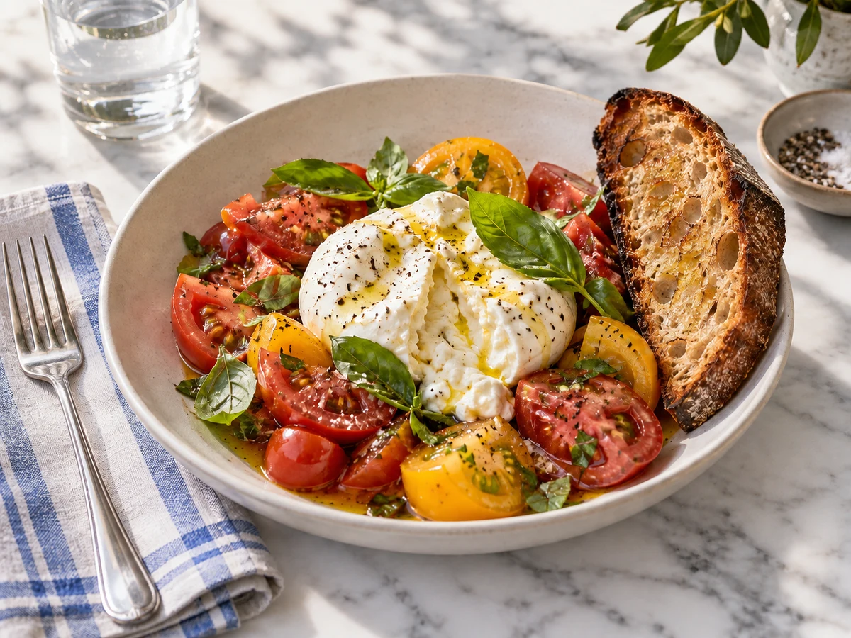 A burrata plate photographed for a restaurant menu
