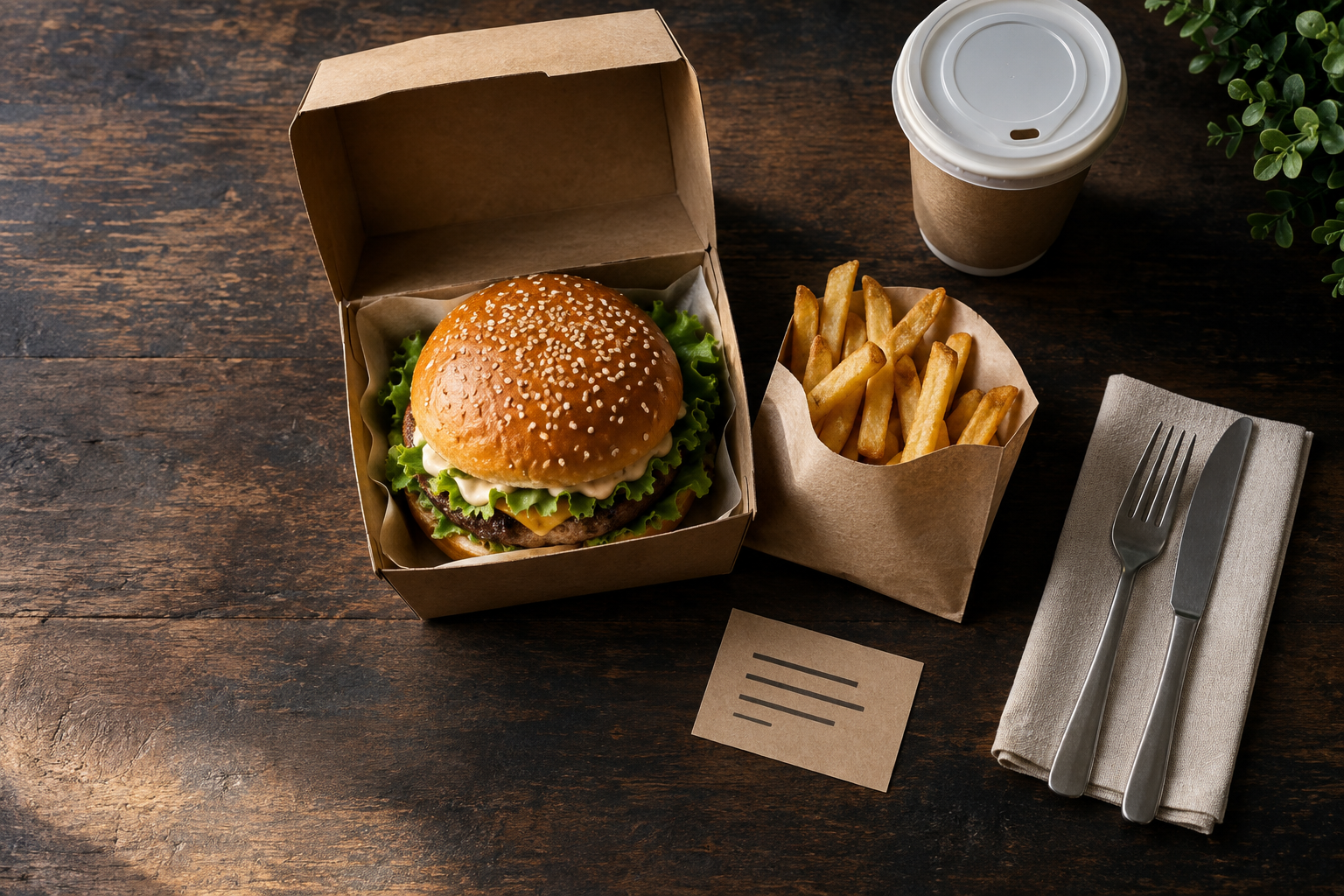 Overhead view of a bundled meal in a kraft box with fries, a drink and an unmarked bundle card on wood.