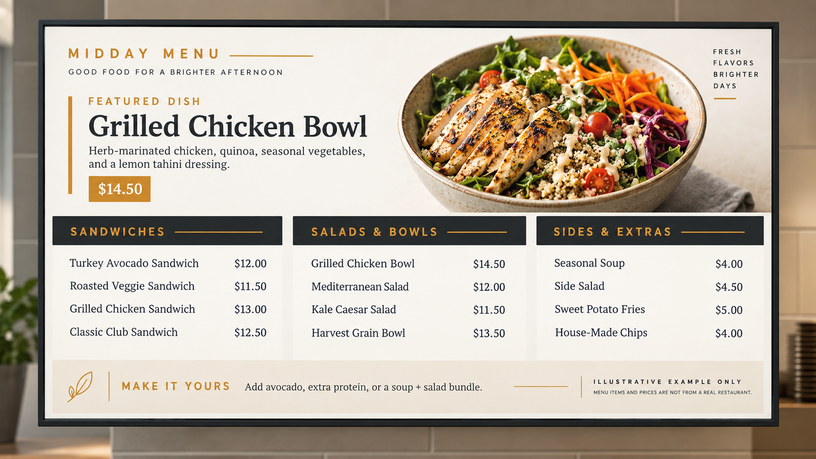 Illustrative midday digital menu board with visible menu hierarchy and prices