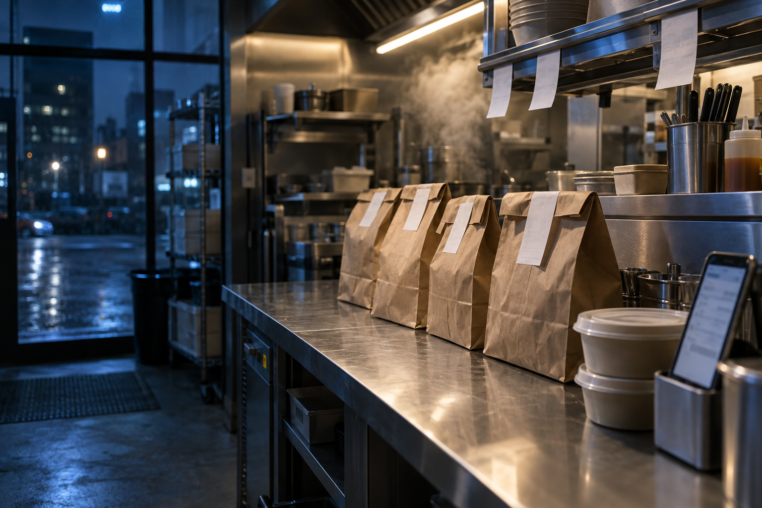 Delivery-only kitchen station at night with sealed takeout bags, lidded containers and a blurred order list on a phone.