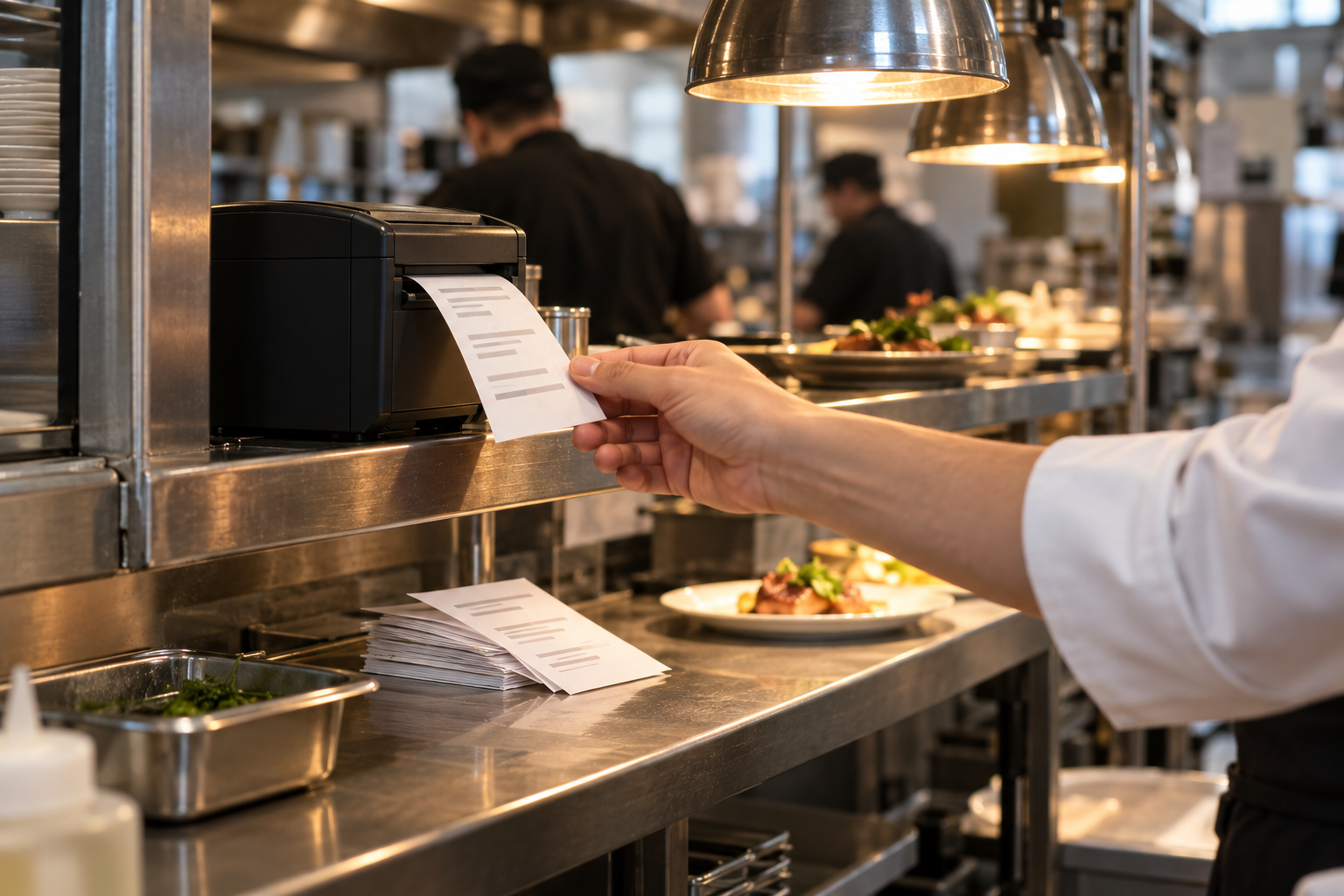 Kitchen pass with a ticket printer feeding a paper ticket as a hand reaches to take it under a heat lamp.