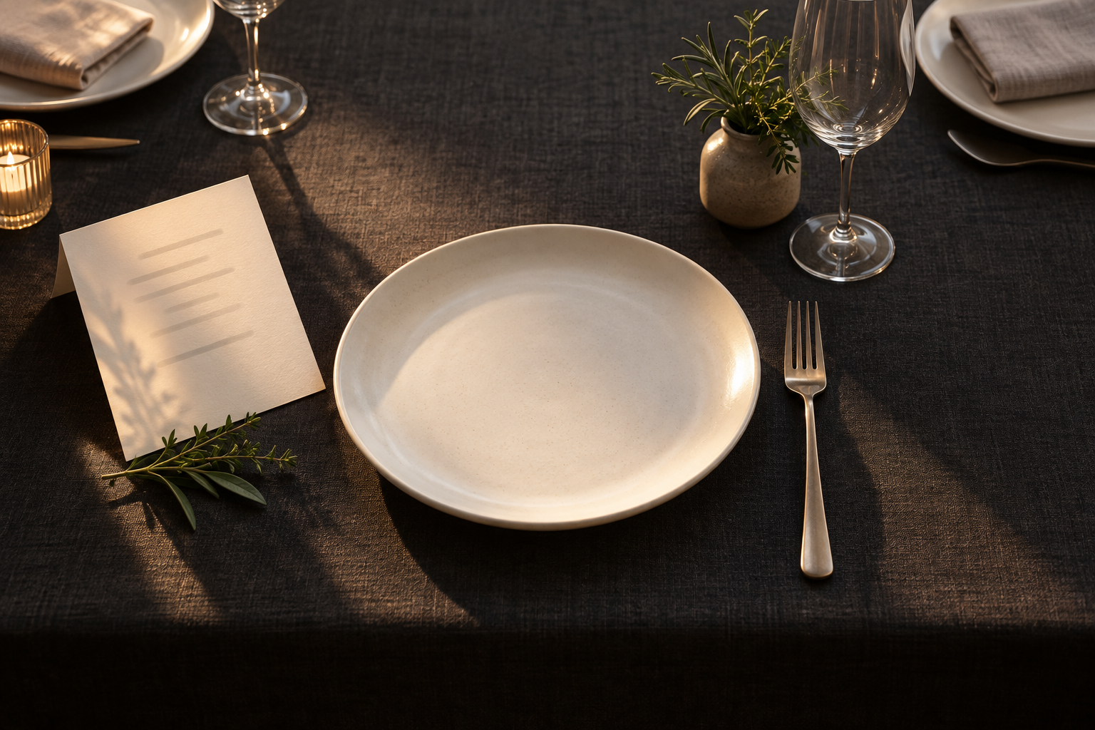 Conceptual still life of one empty plate among set places with a blurred menu card and a sprig of herbs.