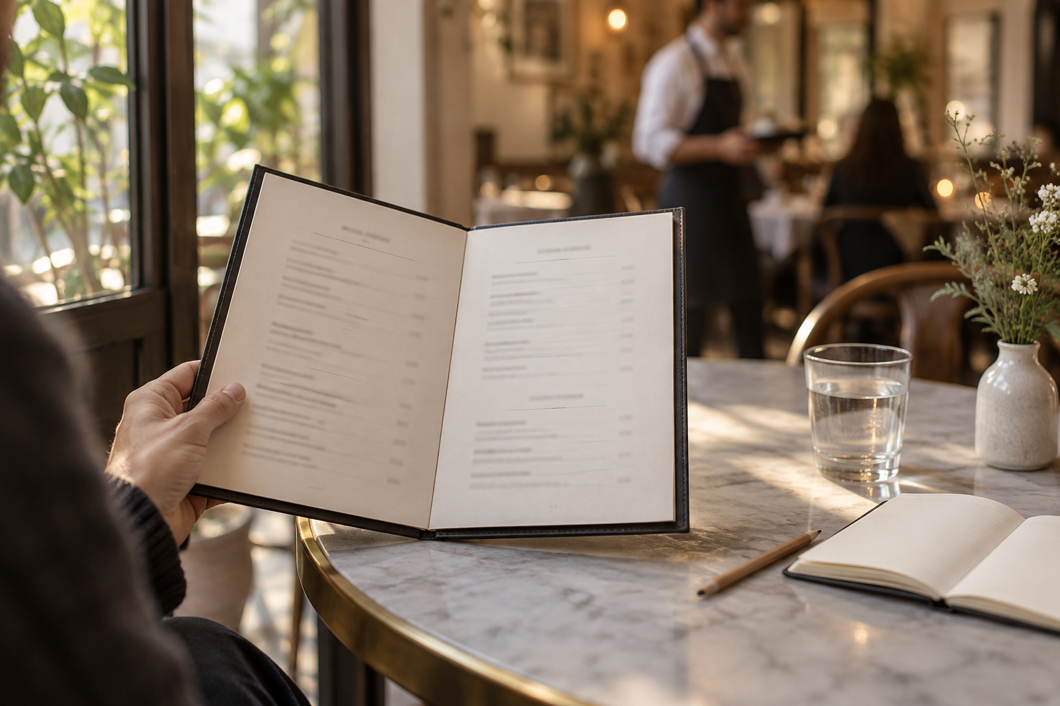 Guest's hand holding an open menu with blurred text beside a notebook, pencil and a glass of water at a bistro table.