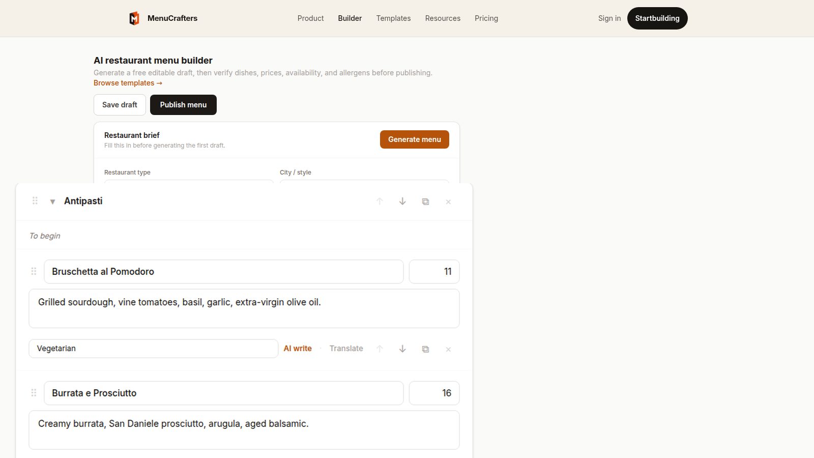 MenuCrafters builder showing menu categories, prices and Letter A4 half-fold PDF export options