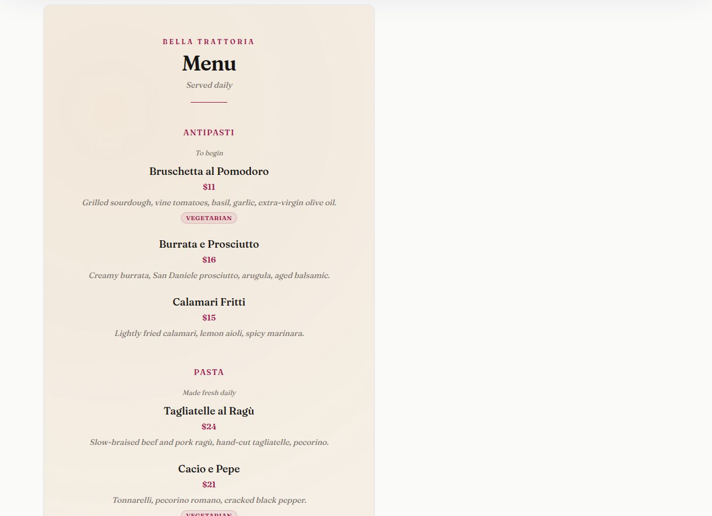 Printed menu example with aligned prices and readable type for print check