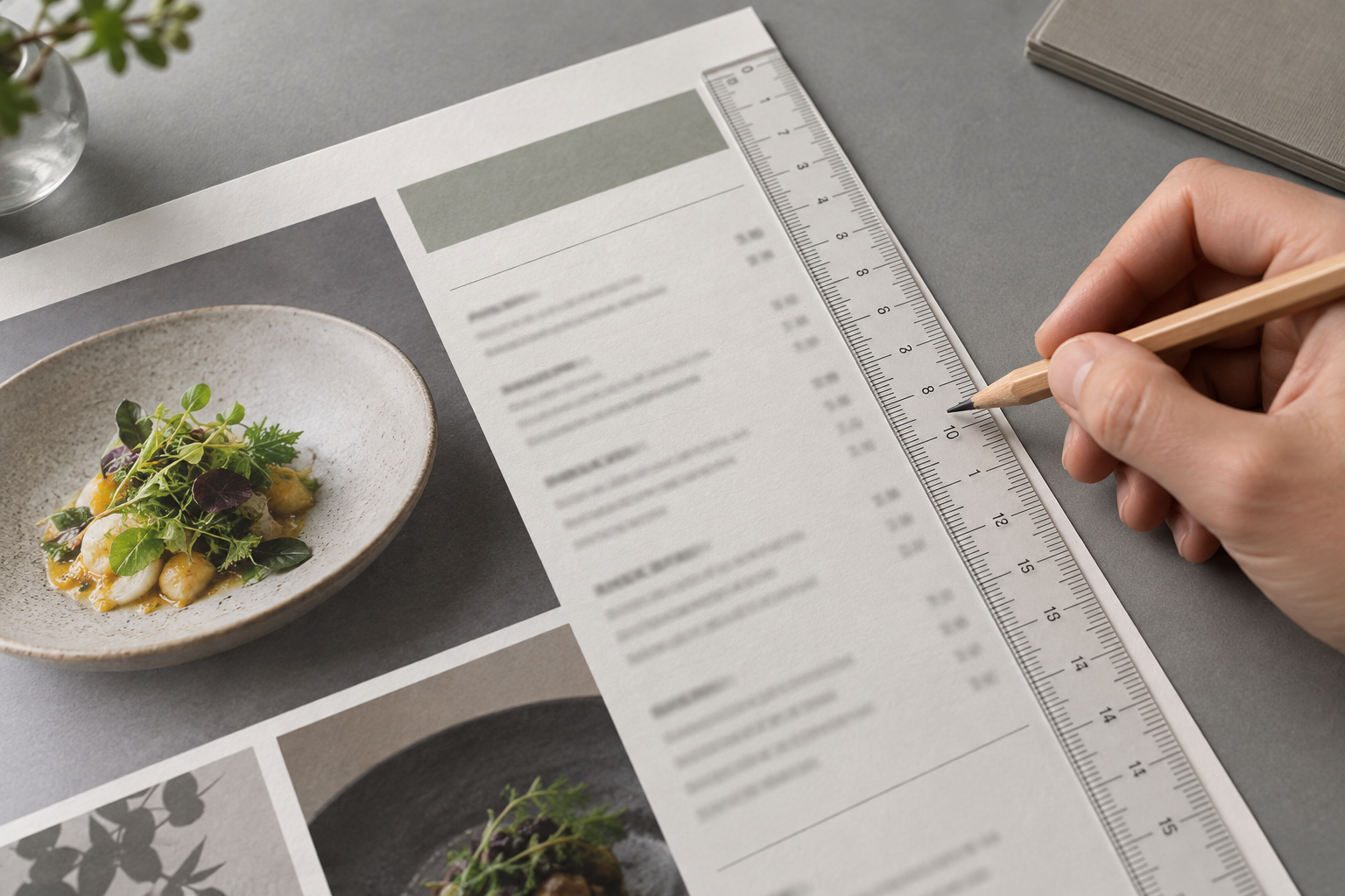 Printed menu proof on a grey surface with a clear ruler laid across blurred text blocks and a hand holding a pencil.