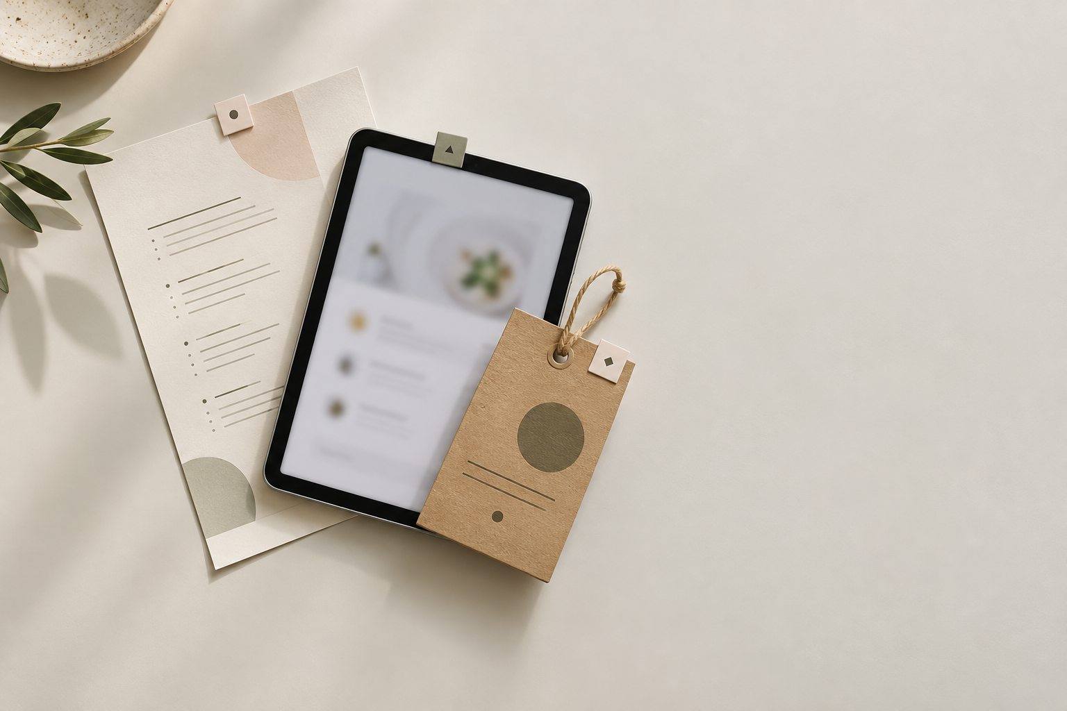 Three menu versions fanned out on a pale table with numbered tabs: a printed sheet, a tablet and a delivery tag.