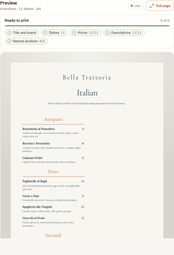 Current MenuCrafters builder preview showing a readable example menu with sections, dish names, prices and descriptions