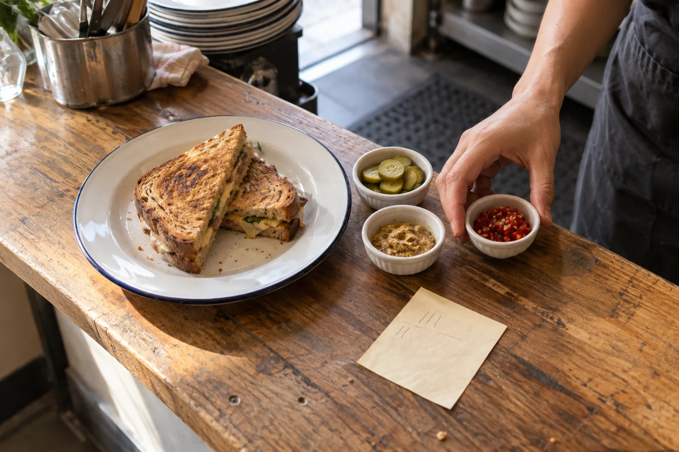 AI-generated illustration of a toasted sandwich on a café counter beside separate bowls of pickles and condiments.