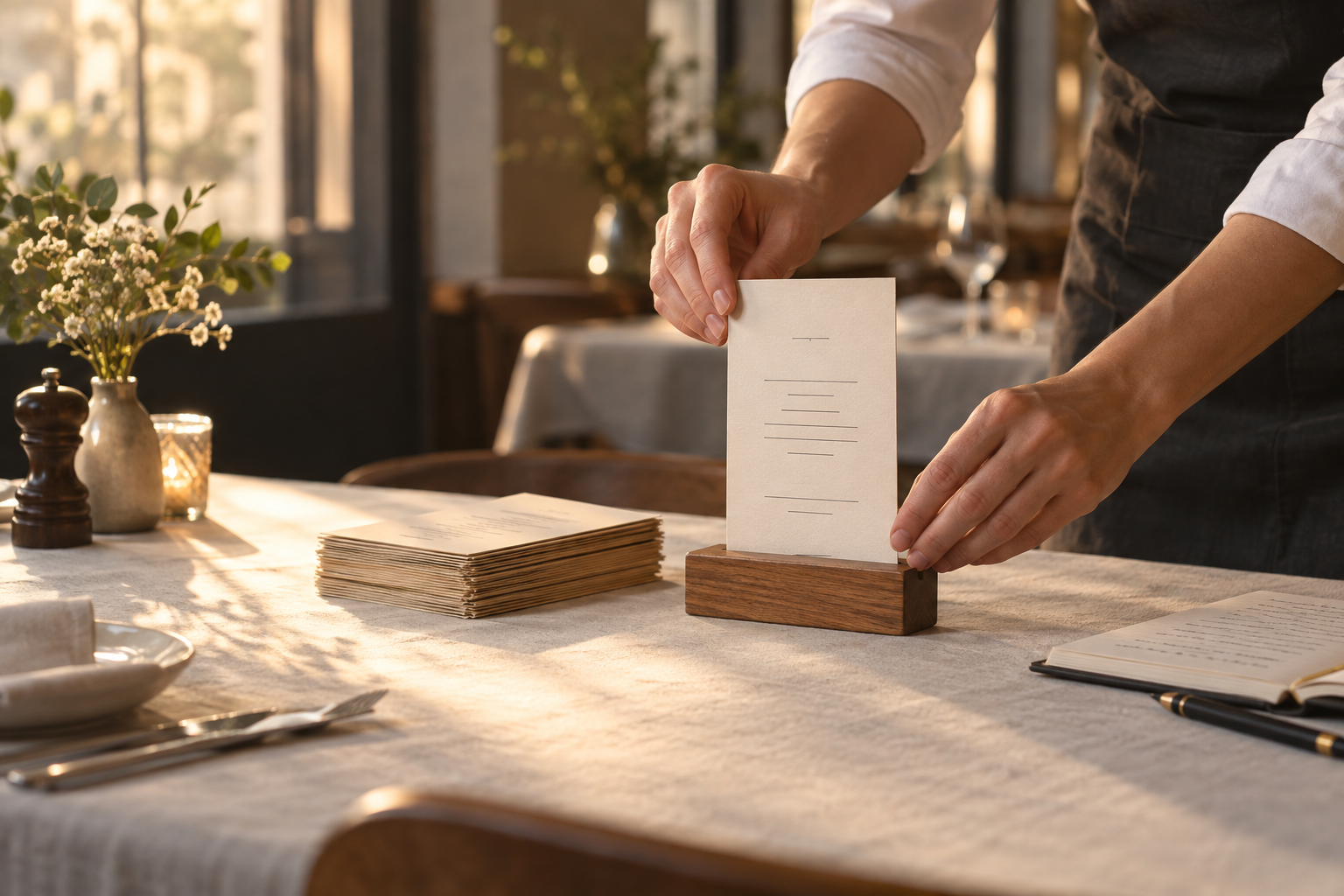 Hands replacing a printed price card in a wooden table menu holder before service, with old cards stacked nearby.