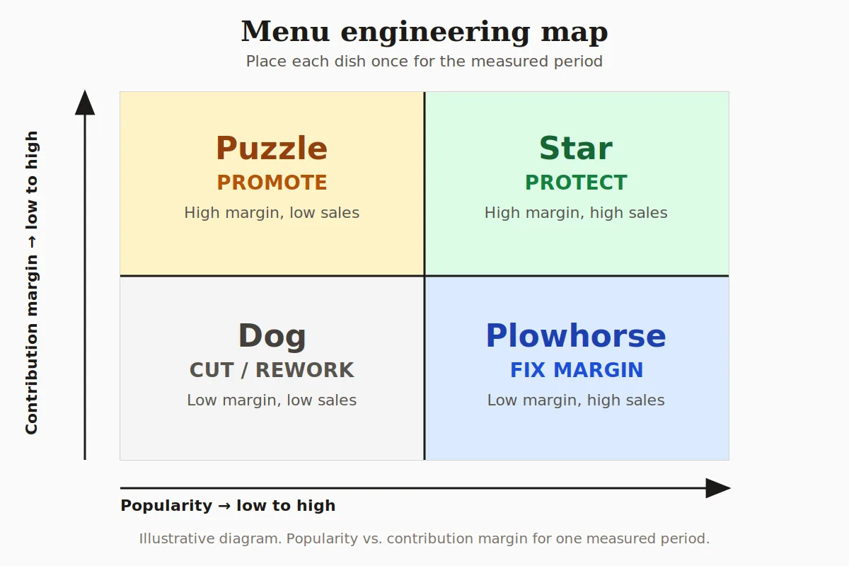 2-by-2 menu engineering chart plotting popularity against contribution margin with stars, plowhorses, puzzles and dogs labeled by action