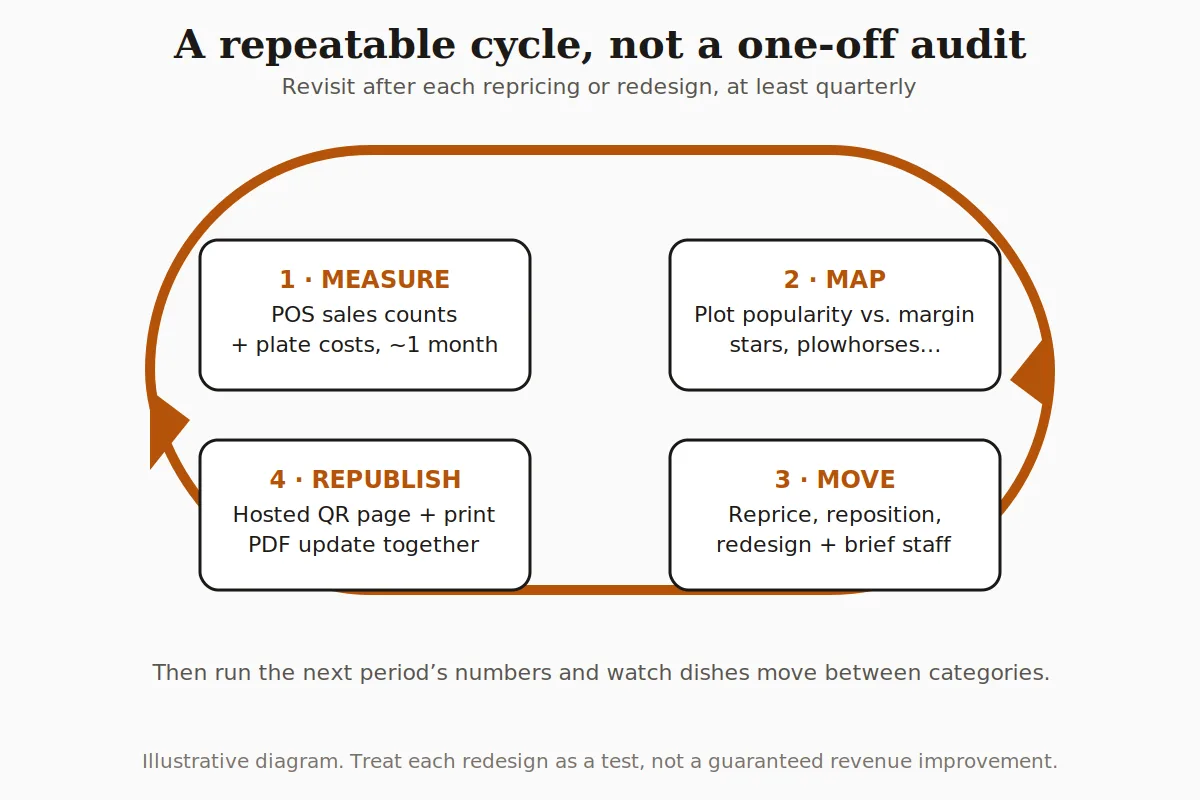 Four-step repeatable menu engineering cycle: measure sales and costs, map dishes, move with reprice and redesign, republish QR and print