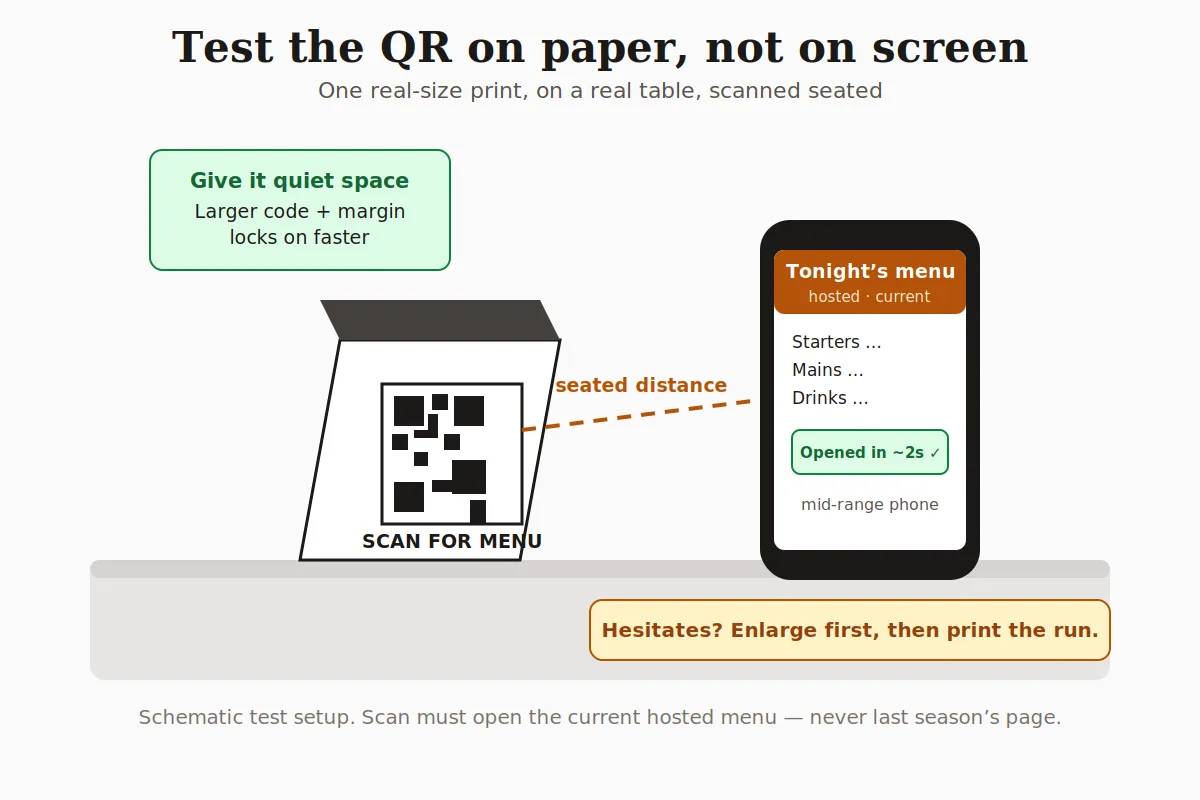 Schematic of a printed QR table tent scanned from a seated position with a phone opening the current hosted menu